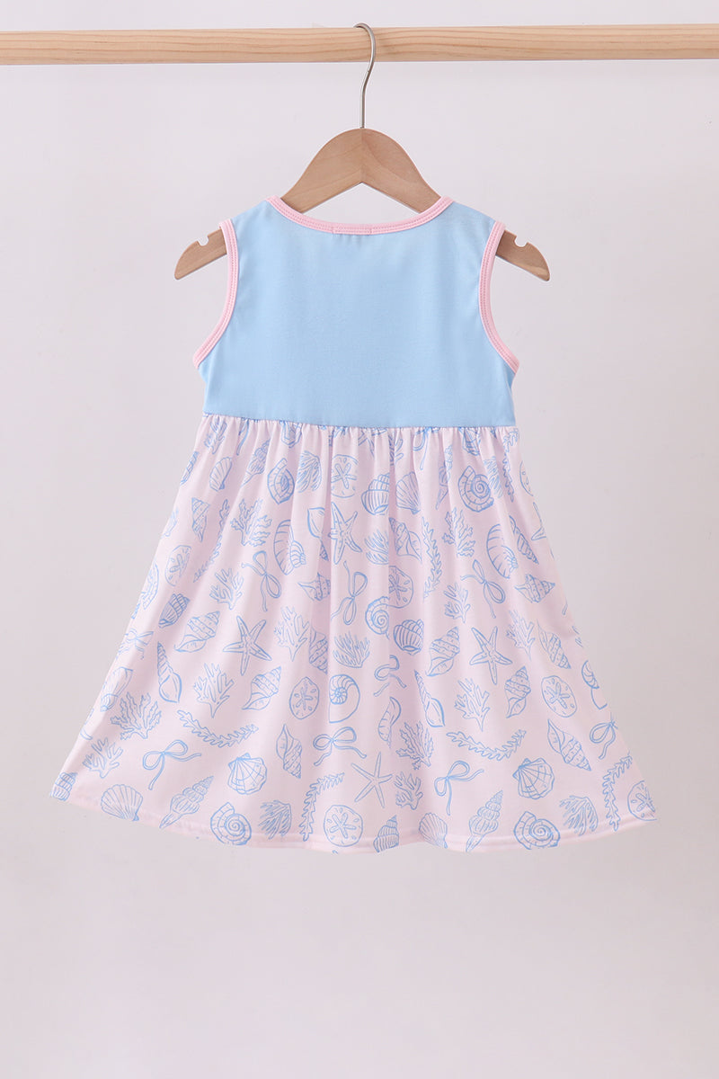 Blue shell starfish print ruffle dress