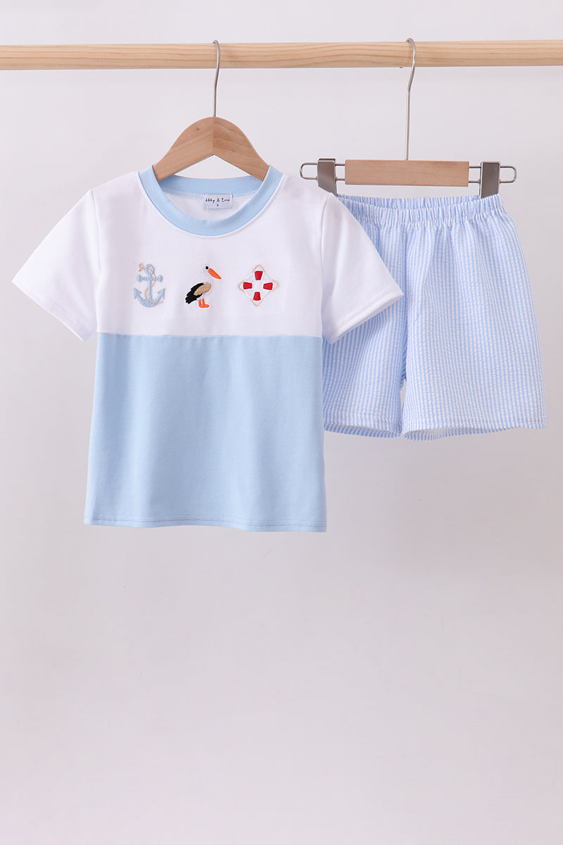 Blue nautical trio embroidery shorts set