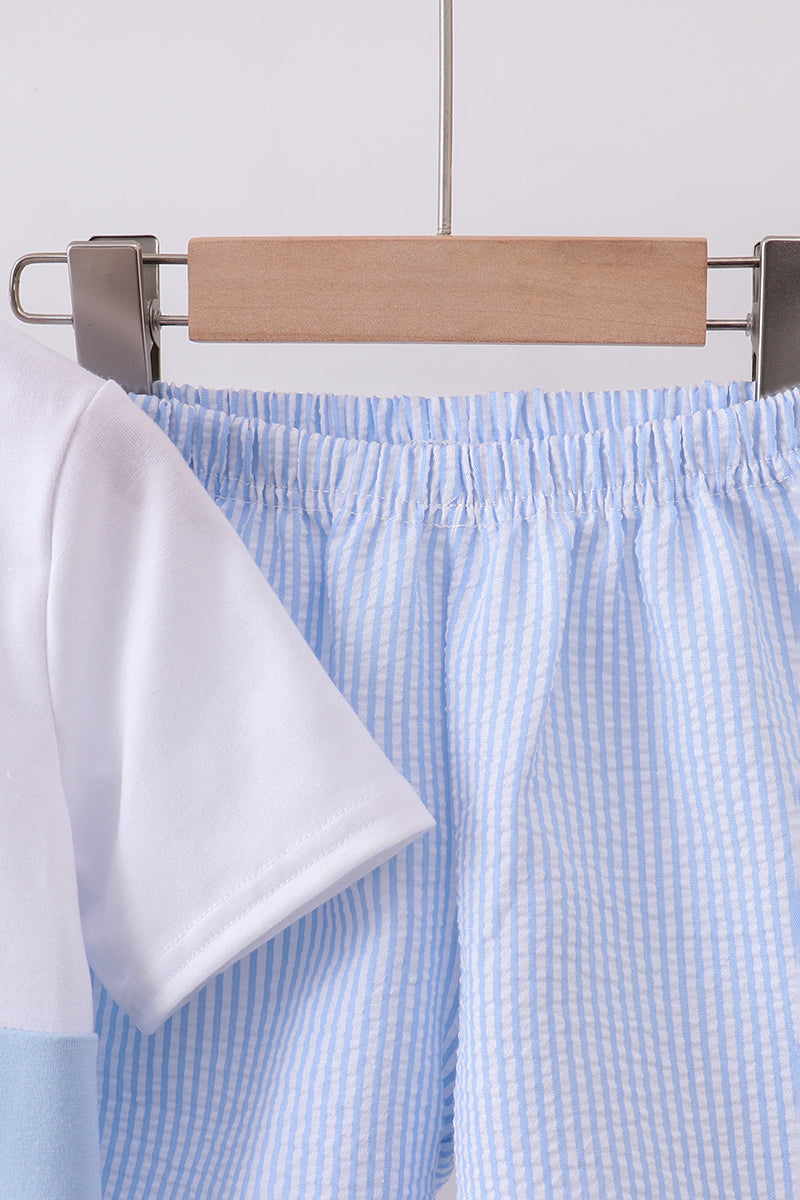 Blue nautical trio embroidery shorts set