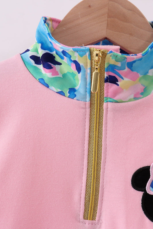 Pink character embroidery ruffle zip pullover