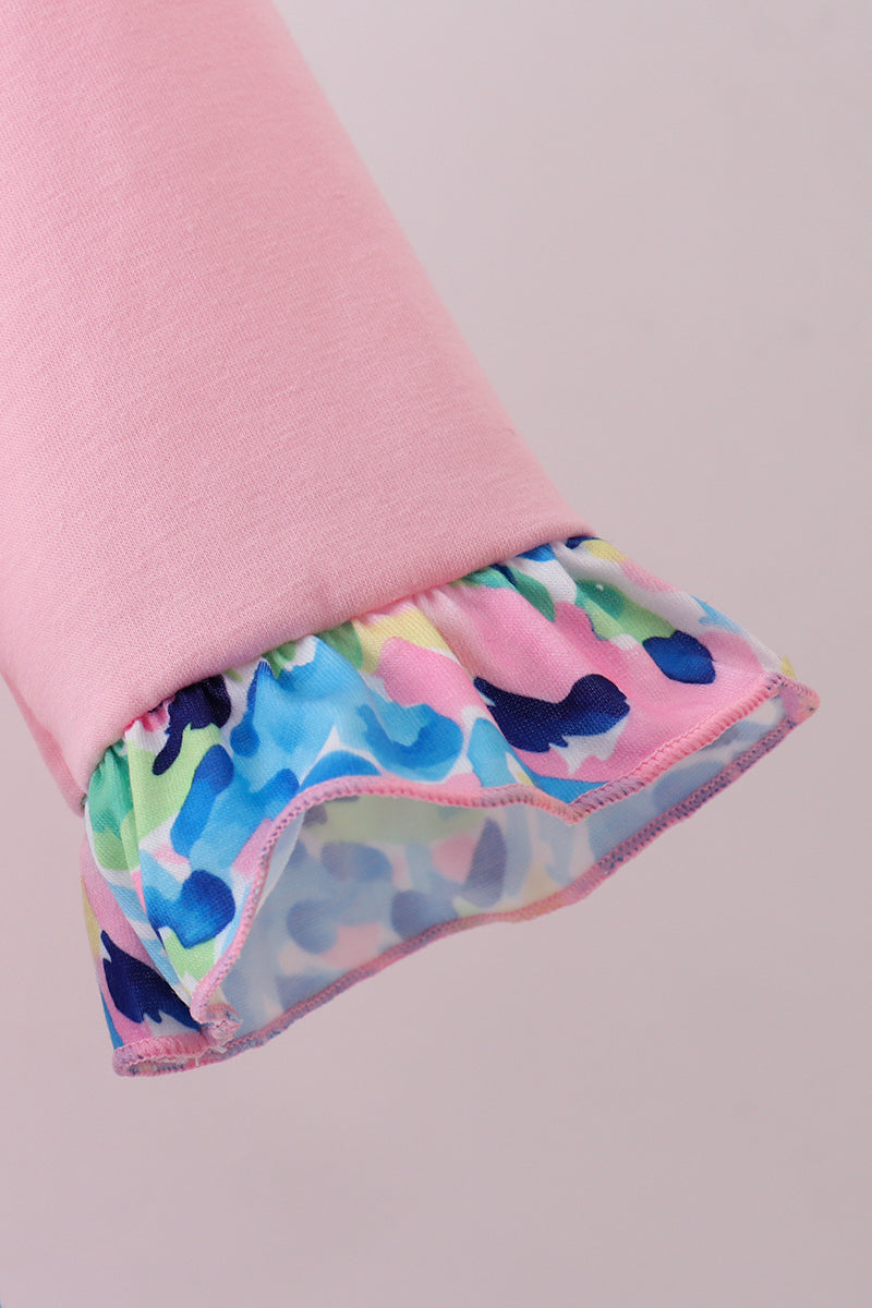 Pink character embroidery ruffle zip pullover