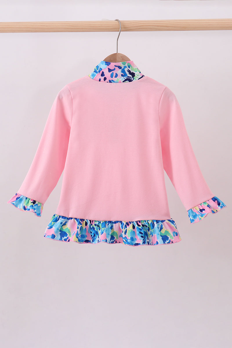 Pink character embroidery ruffle zip pullover