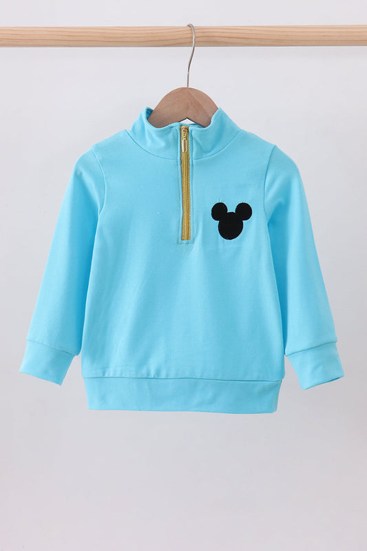 Blue character embroidery zip pullover