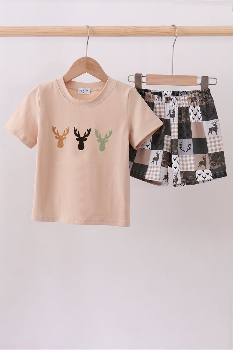 Green hunting deer embroidery checkered shorts set