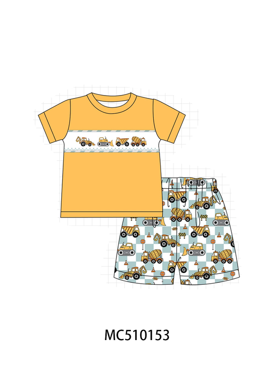 Construction vehicle embroidery shorts set