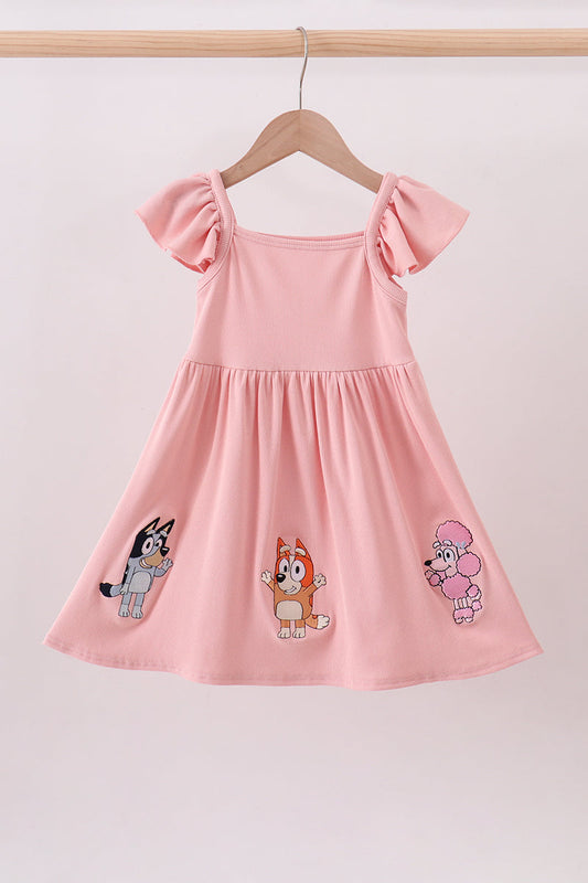 Pink character embroidery flutter sleeve dress