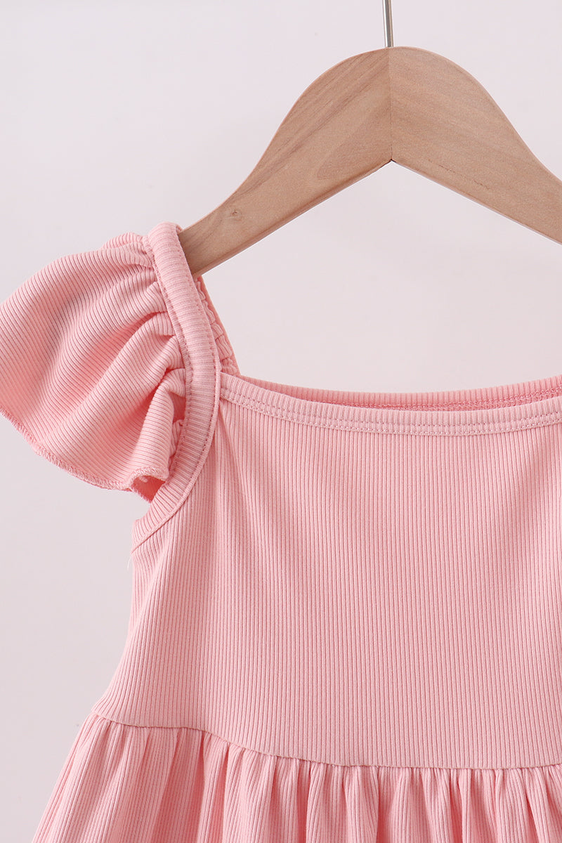 Pink character embroidery flutter sleeve dress