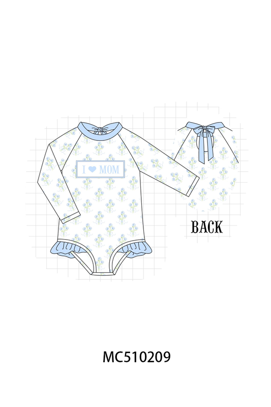 Blue I love MOM embroidery hydrangea rashgaurd