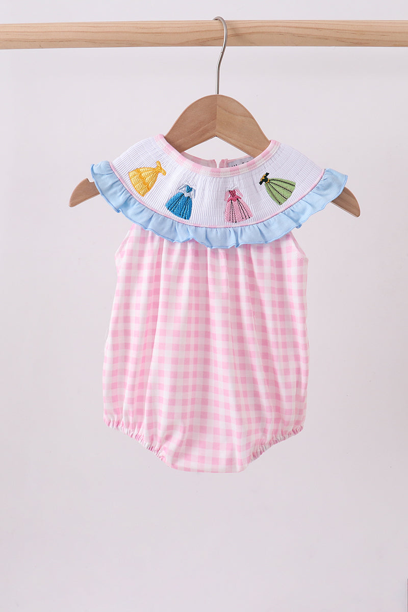 Pink princess smocked gingham ruffle bubble