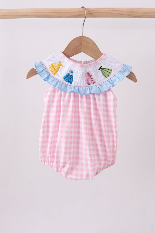 Pink princess smocked gingham ruffle bubble