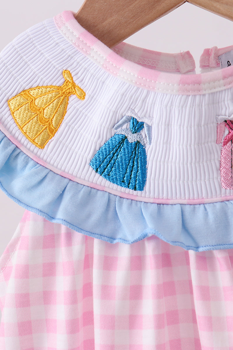 Pink princess smocked gingham ruffle bubble