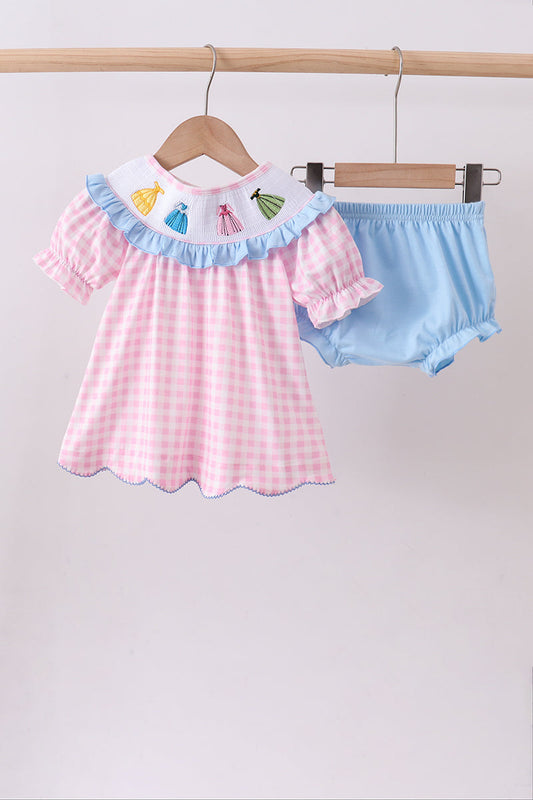 Pink princess smocked gingham ruffle bloomer set