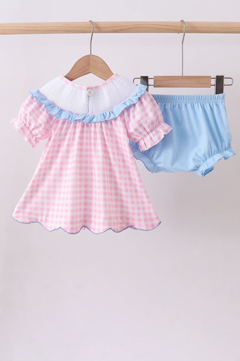 Pink princess smocked gingham ruffle bloomer set