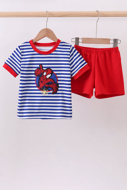 Blue stripe character applique shorts set