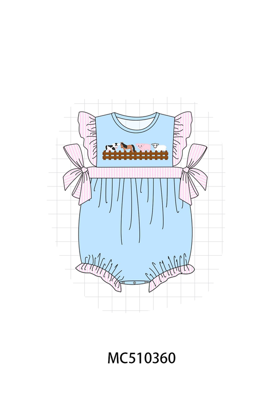 Blue farm animal embroidery seersucker ruffle bubble