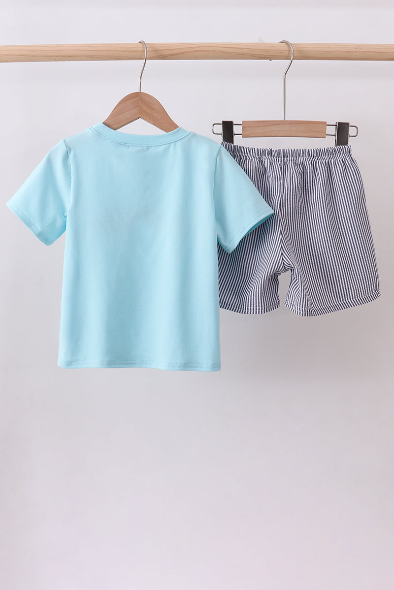 Blue farm animal embroidery shorts set