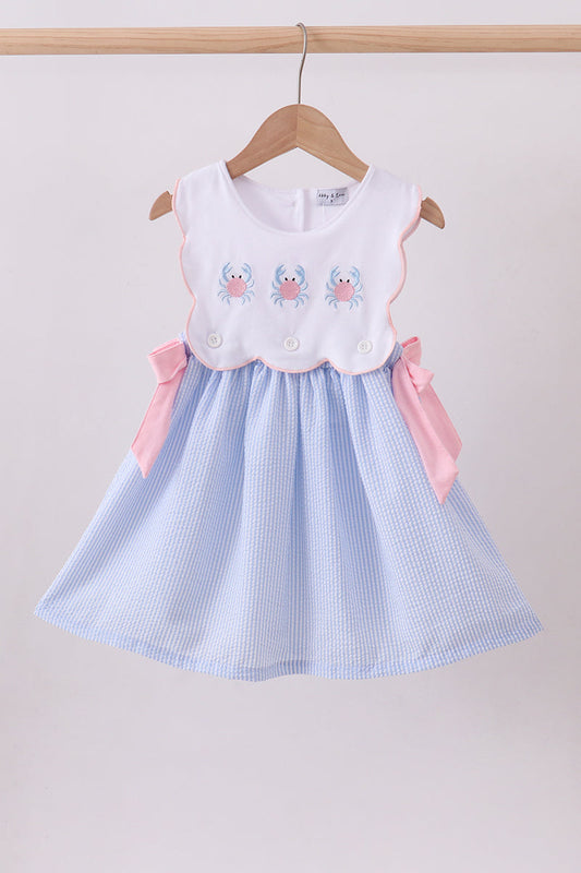 Blue crab embroidery seersucker bow dress