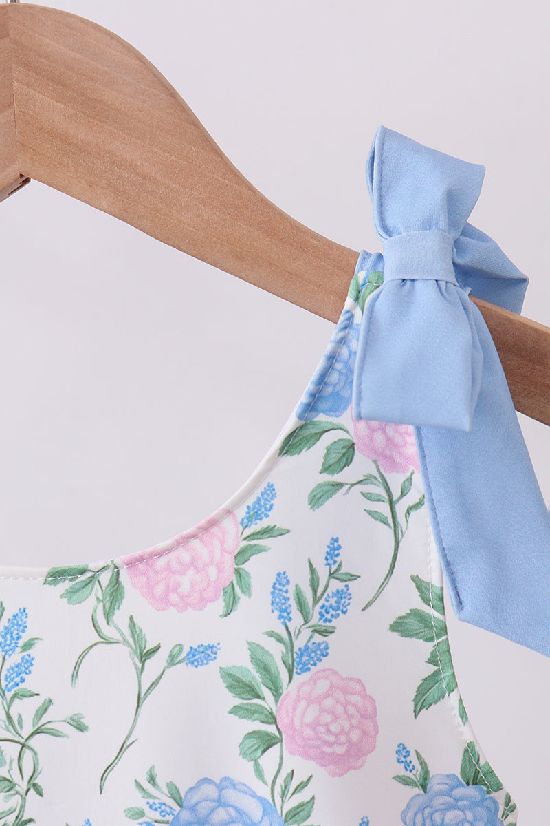 Blue floral smocked gingham one-piece swimsuit