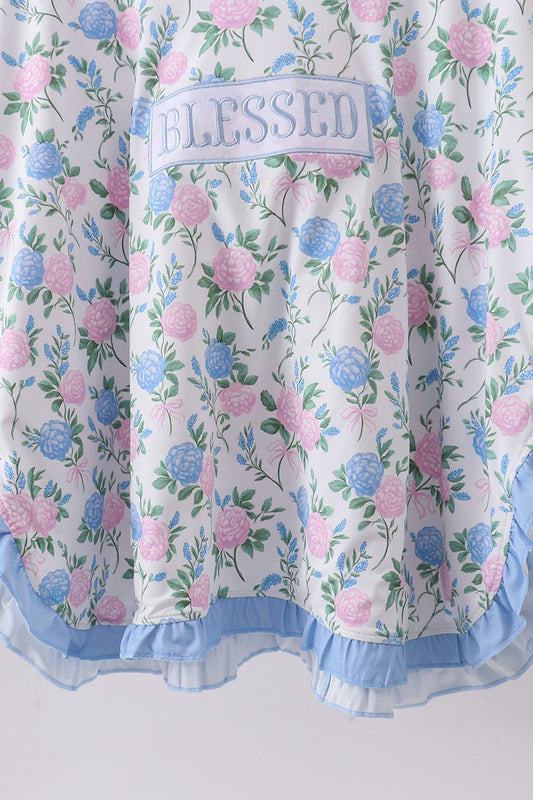 Blue floral blessed embroidery ruffle cover up