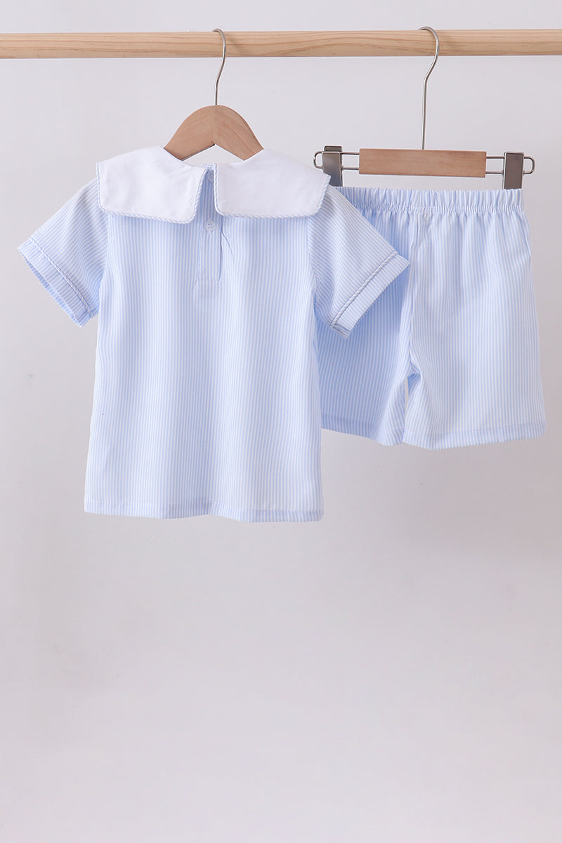 Blue stripe bunny carrot embroidery shorts set