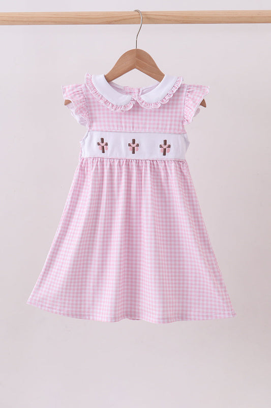 Pink cross embroidery gingham ruffle dress
