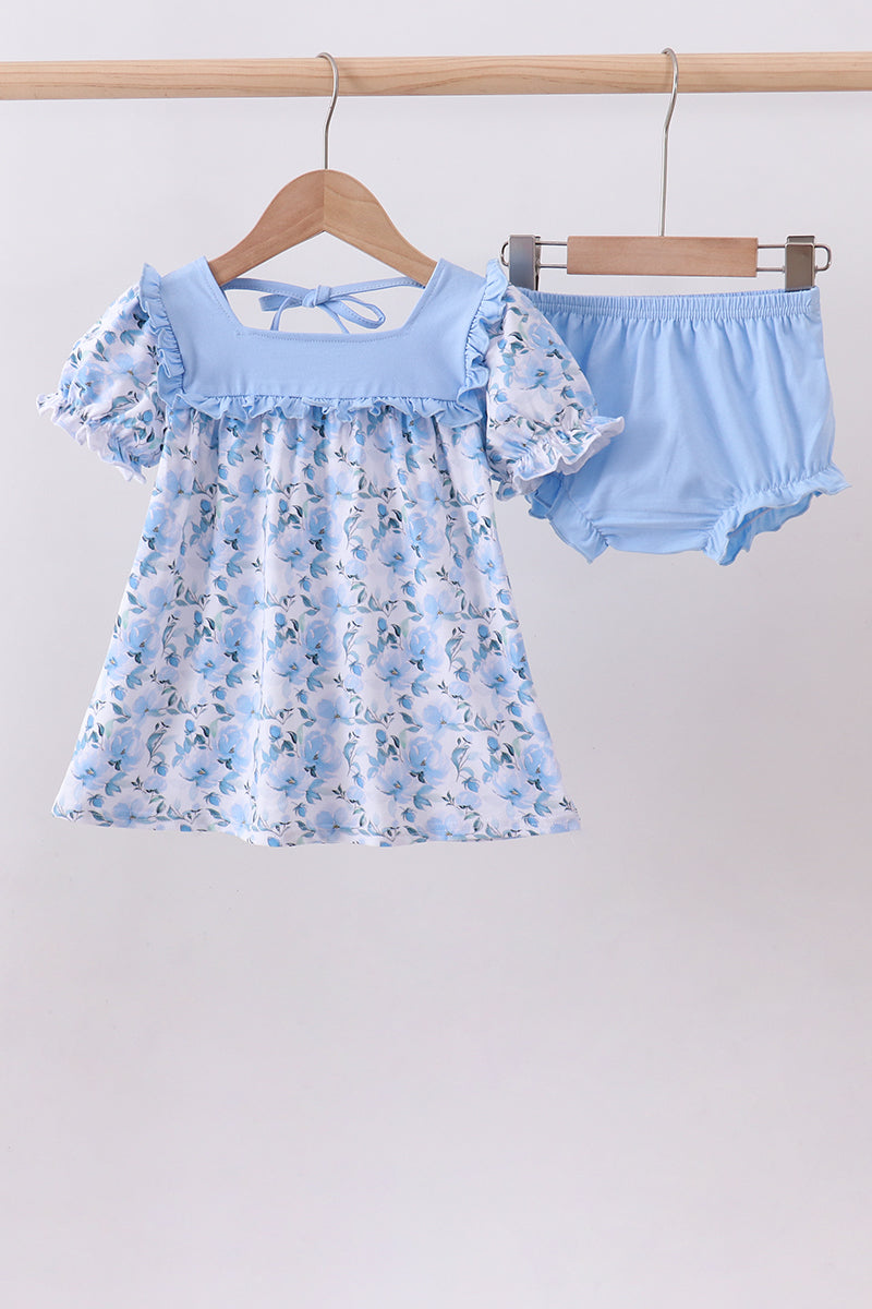 Blue floral ruffle bloomer set
