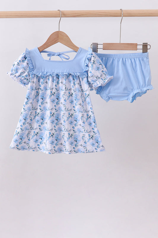 Blue floral ruffle bloomer set