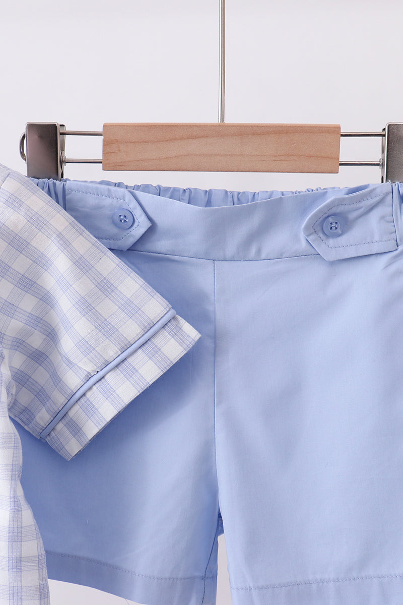 Blue plaid peter pan collar shorts set