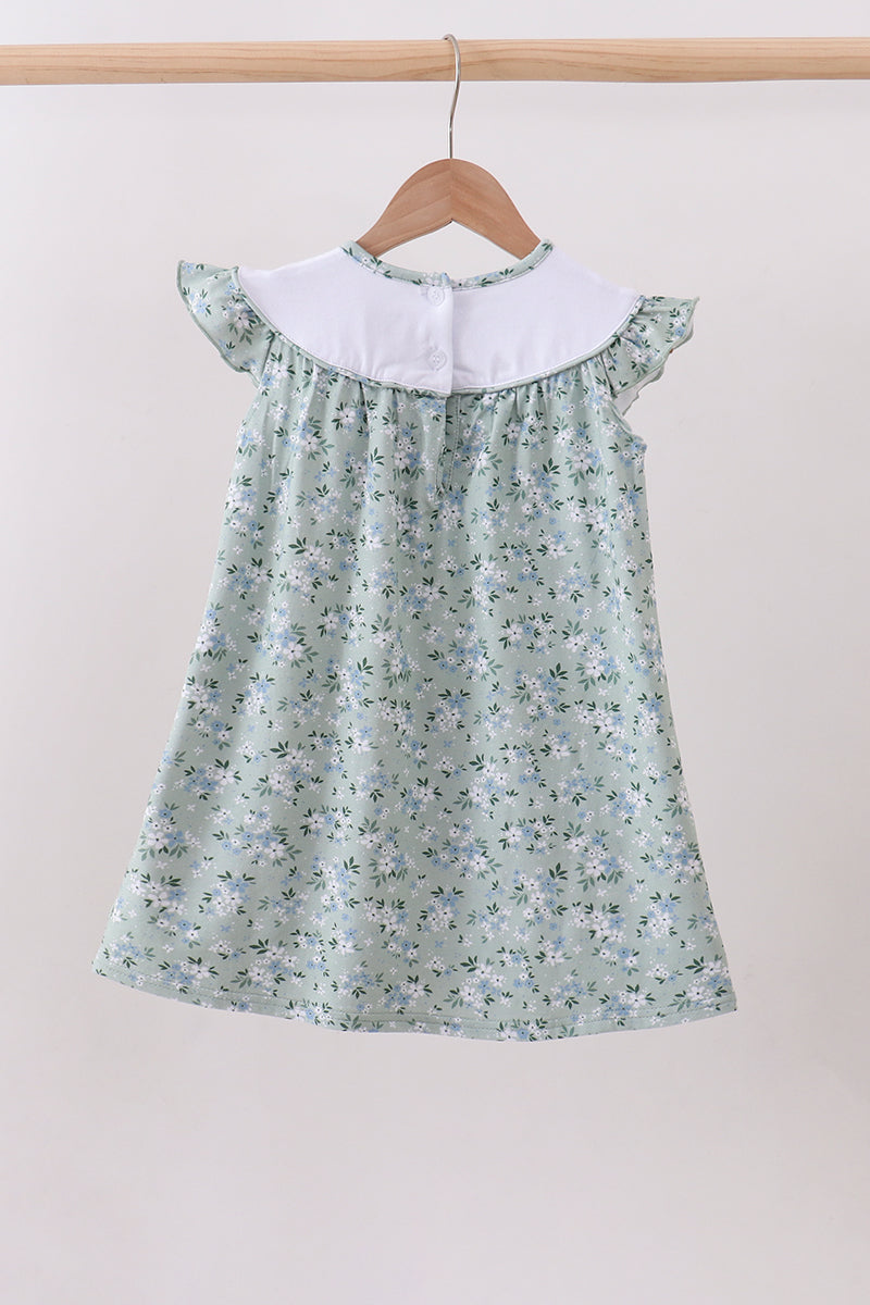 Sage floral cross embroidery ruffle dress