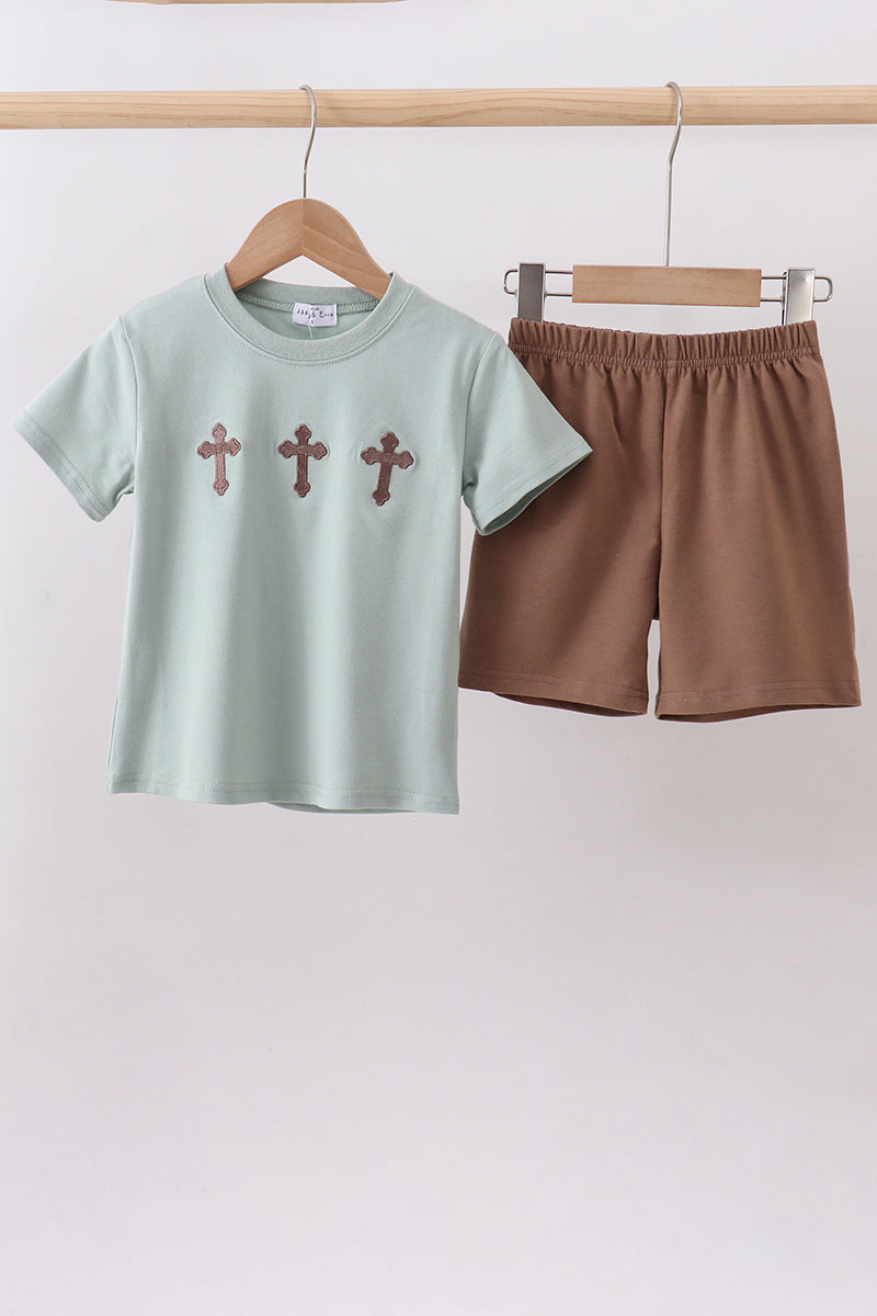 Sage cross embroidery shorts set