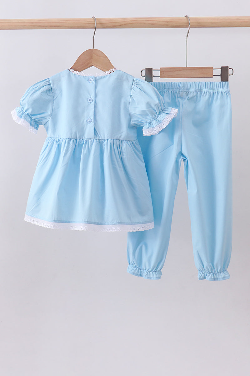Blue cross embroidery lace pants set