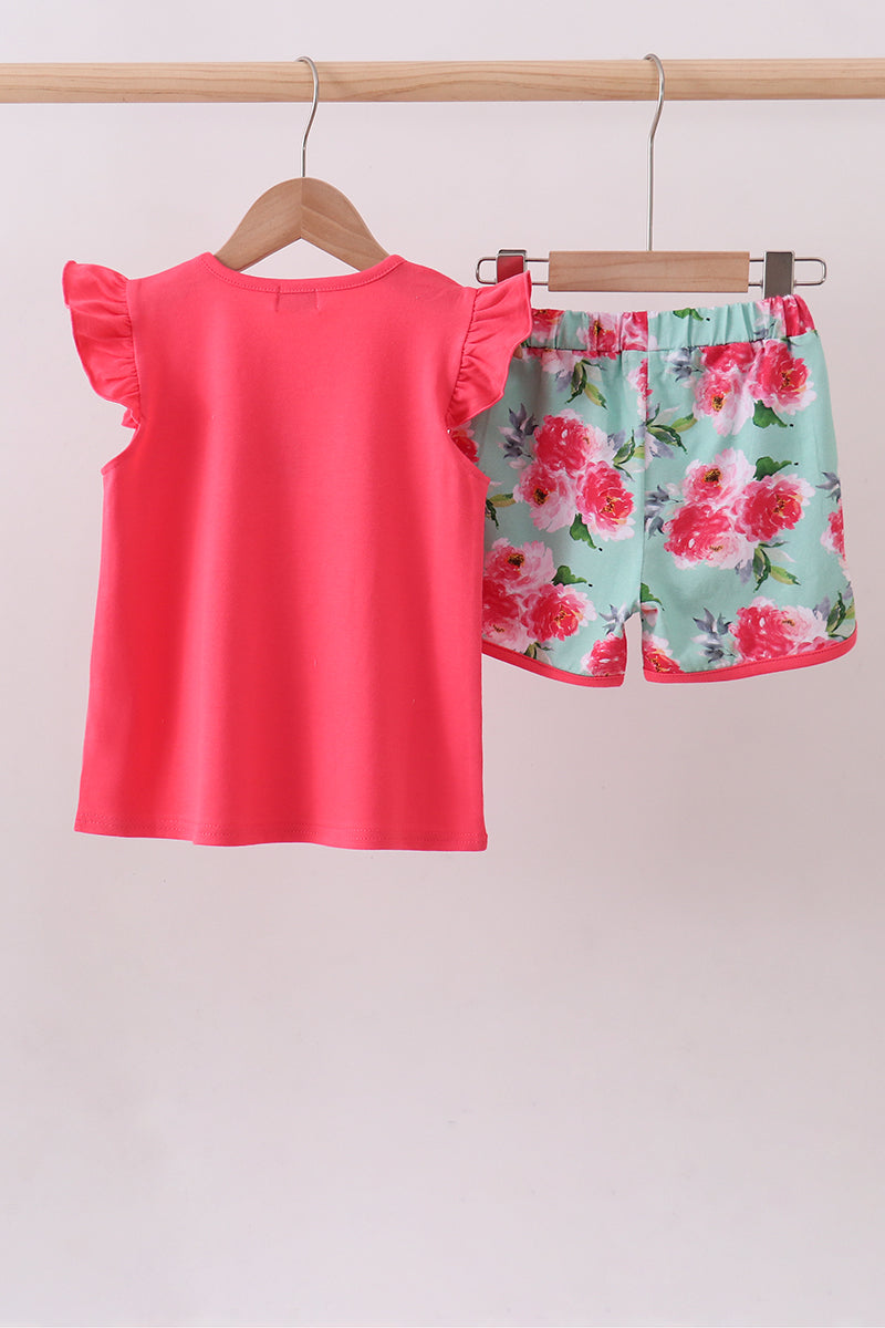 Pink floral I love Dad embroidery shorts set
