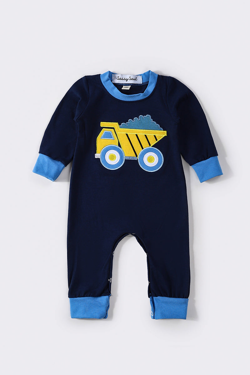 Navy truck applique boy romper