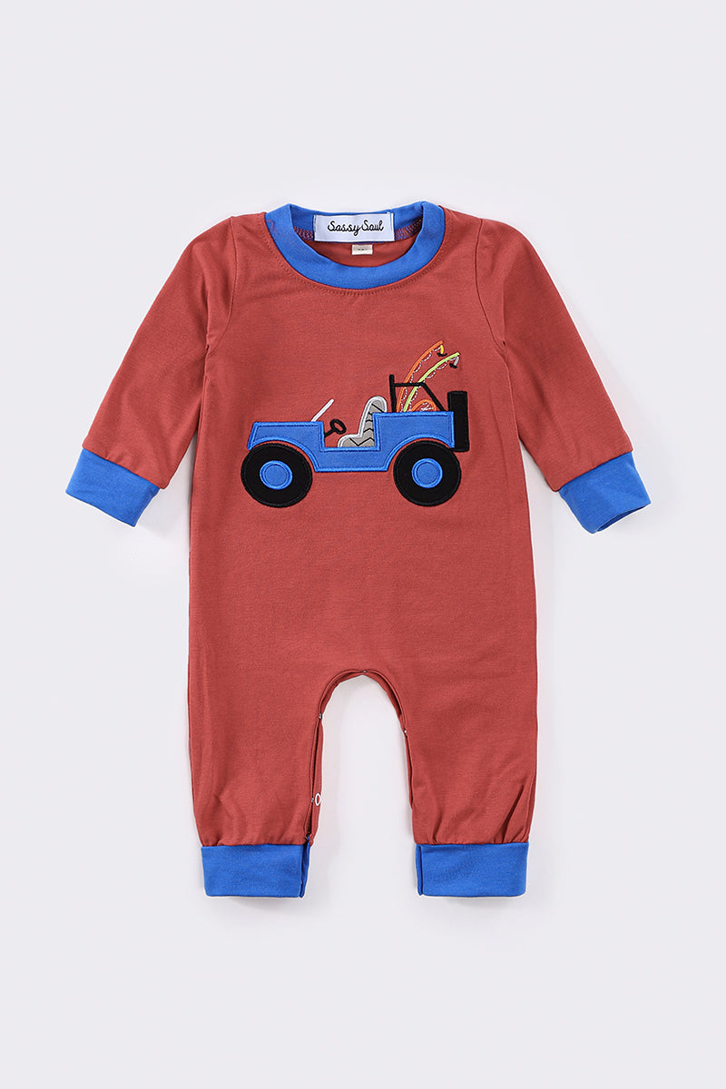 Red truck fishing boy romper