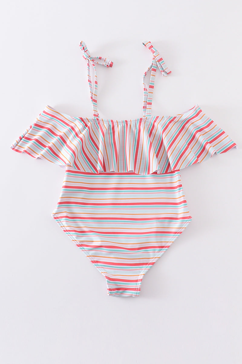 Rainbow stripe strap girl swimsuit one piece UPF50+