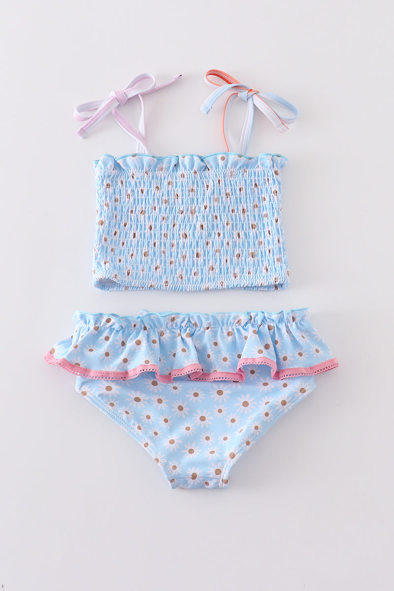 Blue daisy smocked 2 pcs swimsuit