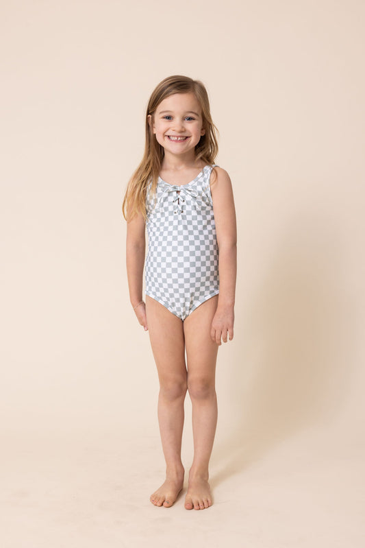 Gren plaid tie one piece girl swimsuit