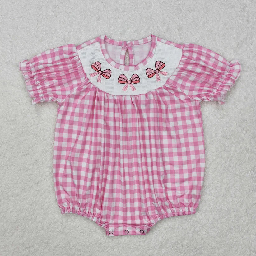 Plaid Pink Bow Smocked Embroidered Romper